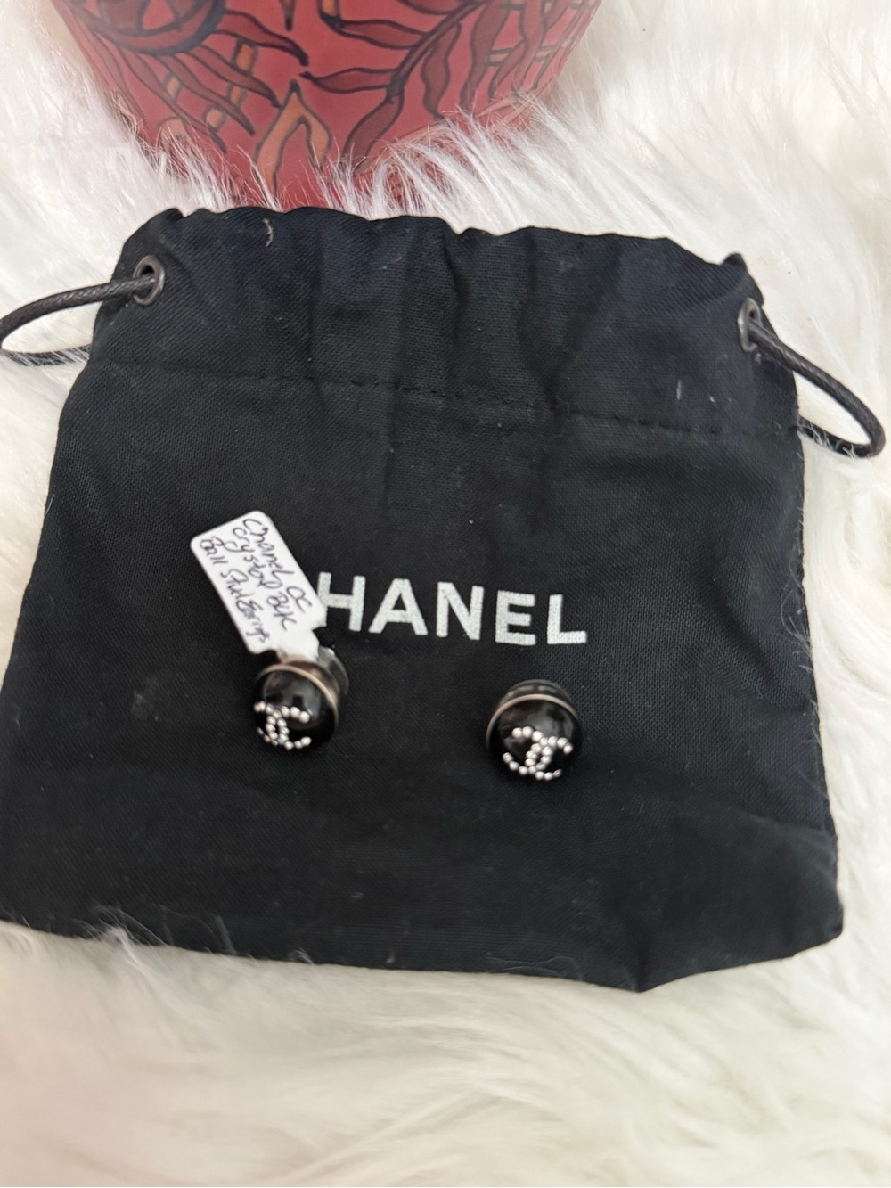 CHANEL CC CRYSTAL BLACK RESIN BALL STUD EARRINGS